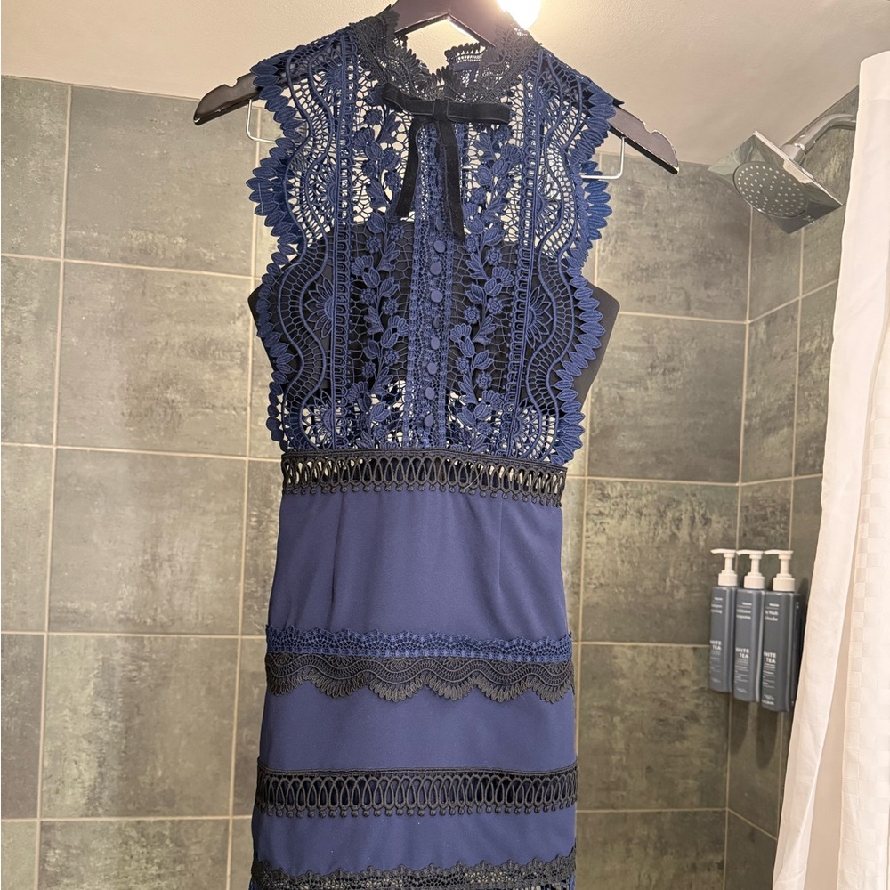Self-Portrait Navy and Black Lace Mini Dress